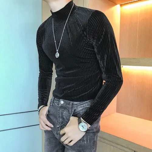 Aidase Velvet Turtleneck T-Shirt Fall Winter Slim Striped Casual T-Shirt Men Long Sleeve Tight T-Shirt Club Costume Camiseta Homme