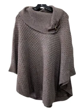 Alashan Brown Print Merino Wool Cable Knit Turtleneck Buckle Cape Poncho