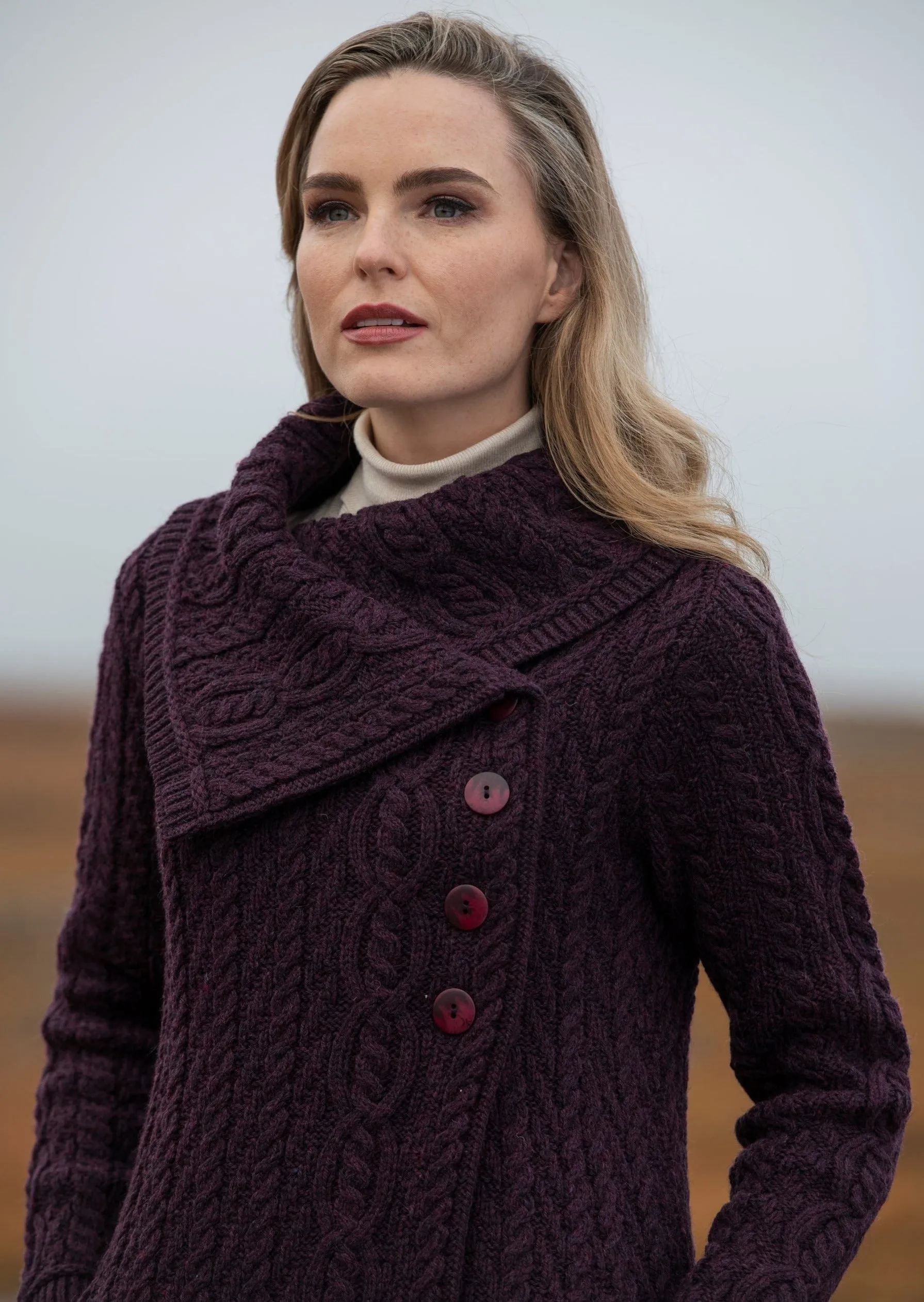 Aran Crafts Chunky Collar Coat | Plum