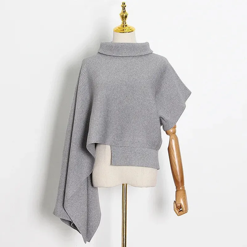 Asymmetrical Casual Women Sweater Turtleneck Irregular Sleeve Loose Oversized Pullovers Female Spring