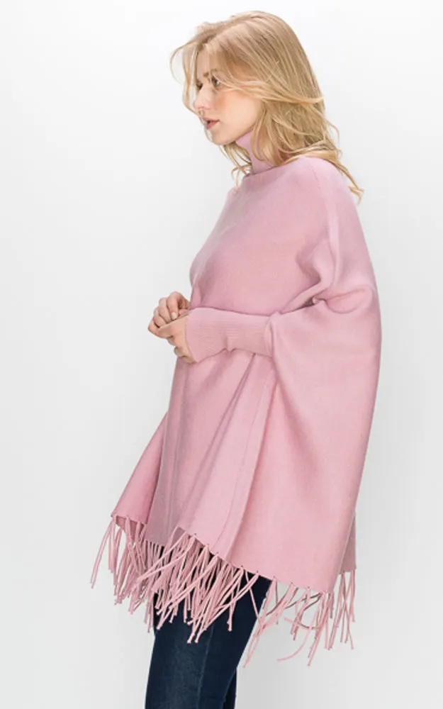 AV360 Solid Turtleneck Sleeve Poncho with Fringe