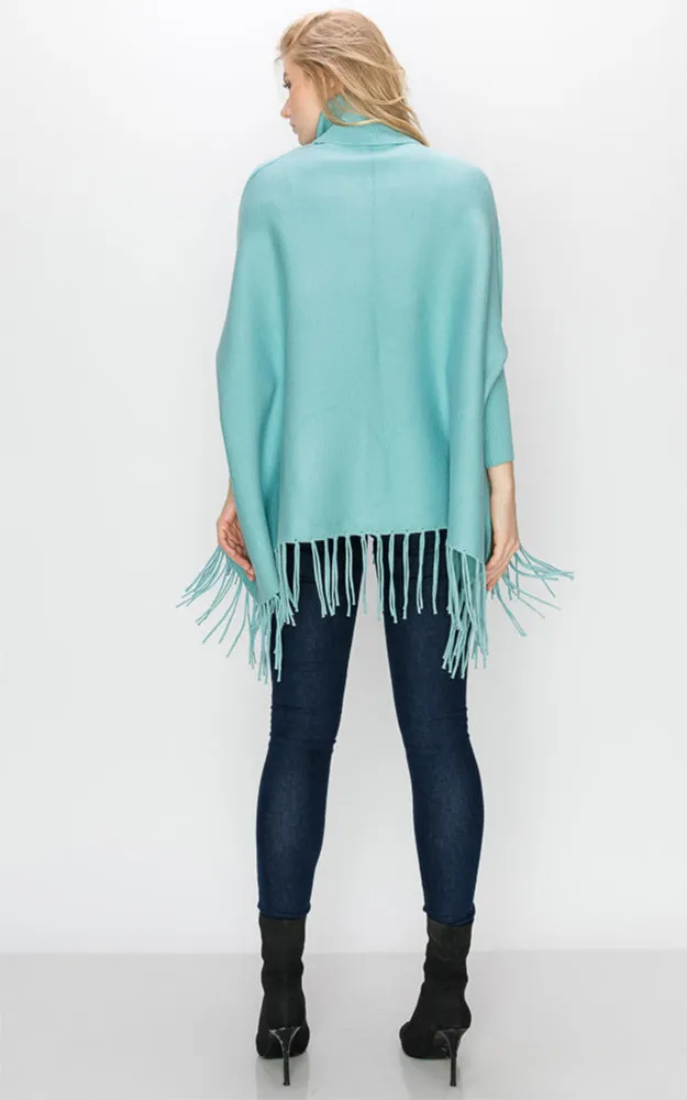 AV360 Solid Turtleneck Sleeve Poncho with Fringe