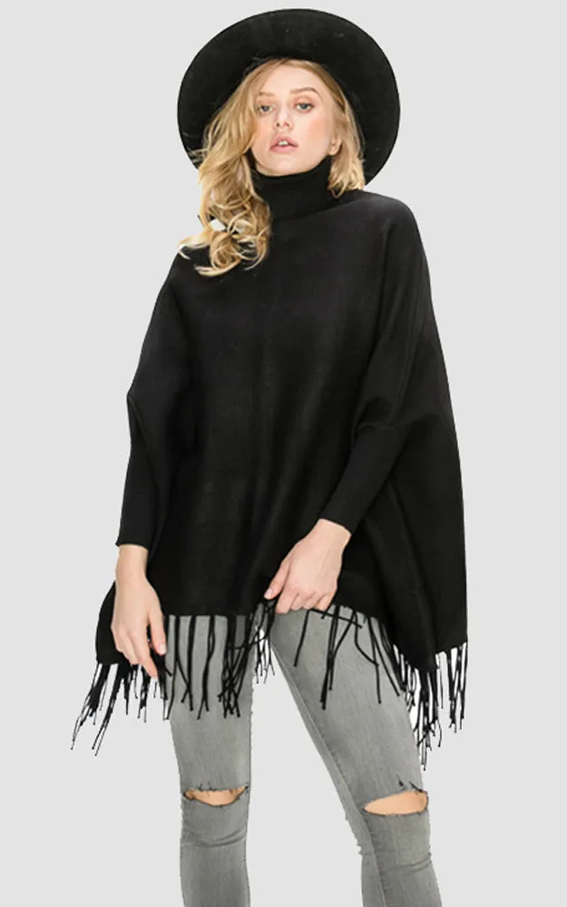 AV360 Solid Turtleneck Sleeve Poncho with Fringe