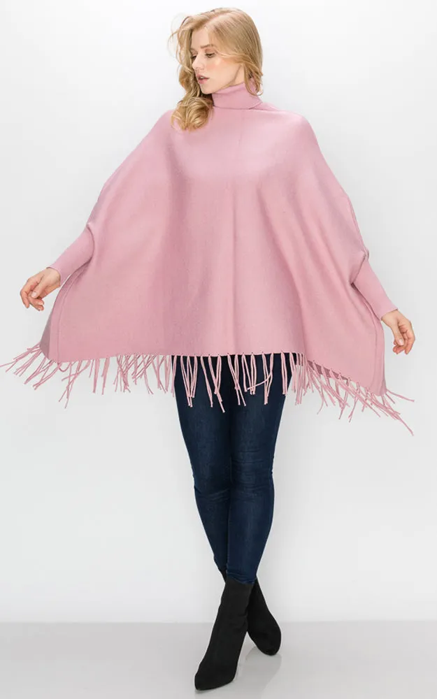 AV360 Solid Turtleneck Sleeve Poncho with Fringe