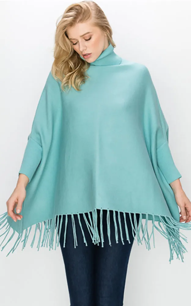 AV360 Solid Turtleneck Sleeve Poncho with Fringe