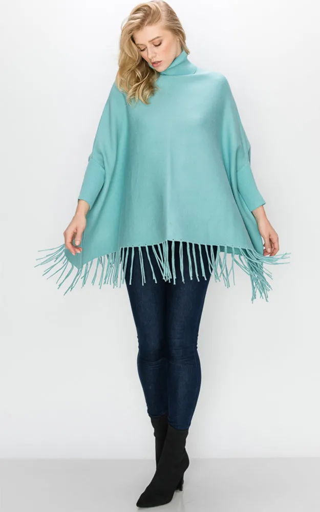 AV360 Solid Turtleneck Sleeve Poncho with Fringe