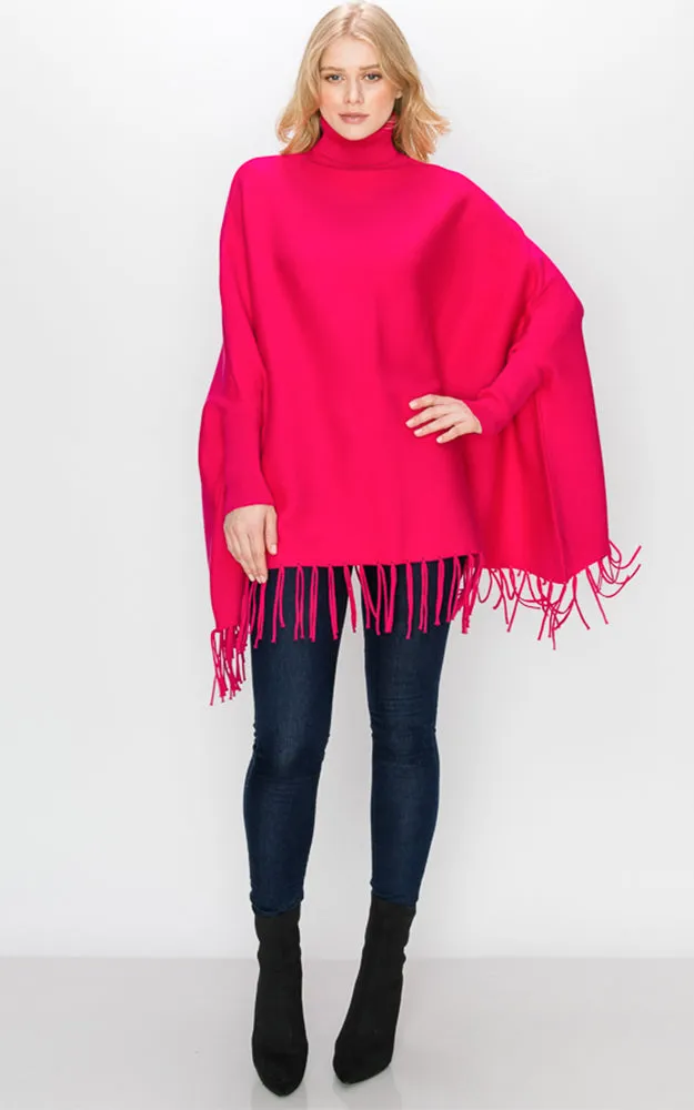 AV360 Solid Turtleneck Sleeve Poncho with Fringe