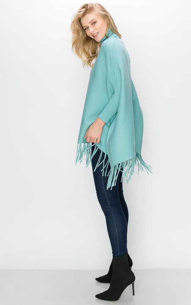 AV360 Solid Turtleneck Sleeve Poncho with Fringe