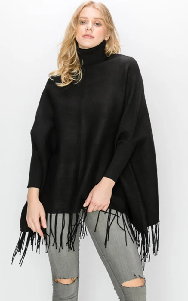 AV360 Solid Turtleneck Sleeve Poncho with Fringe