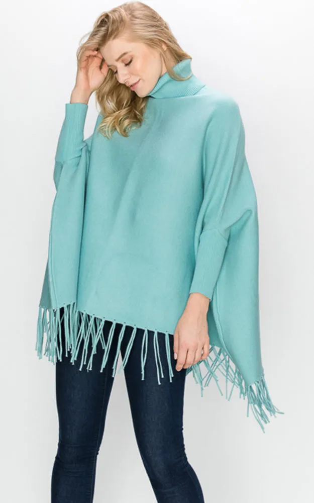 AV360 Solid Turtleneck Sleeve Poncho with Fringe