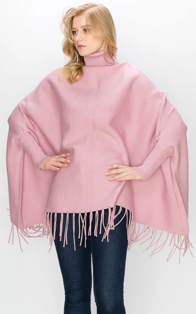 AV360 Solid Turtleneck Sleeve Poncho with Fringe