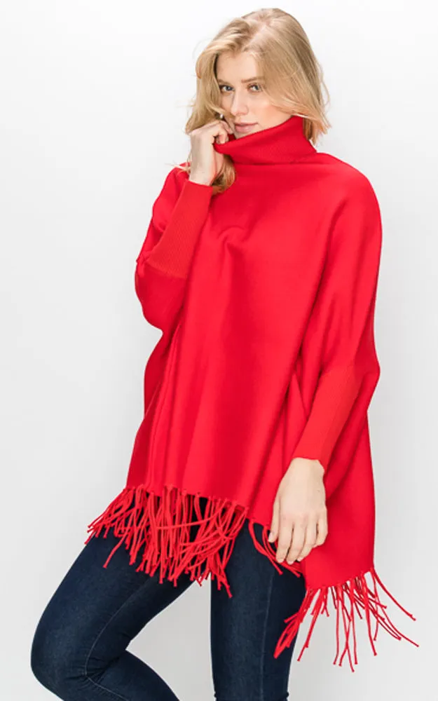 AV360 Solid Turtleneck Sleeve Poncho with Fringe