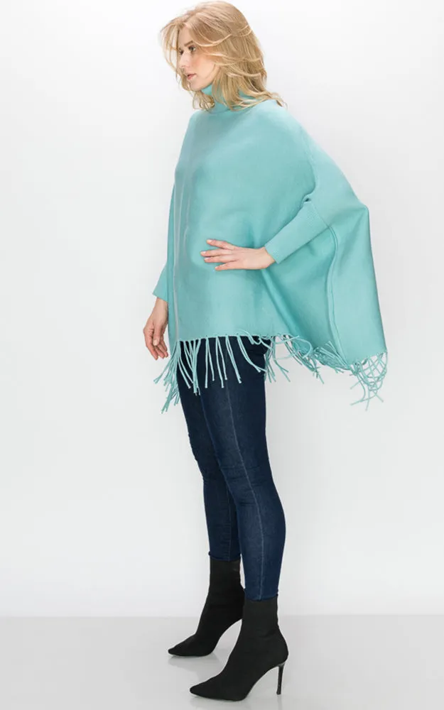 AV360 Solid Turtleneck Sleeve Poncho with Fringe