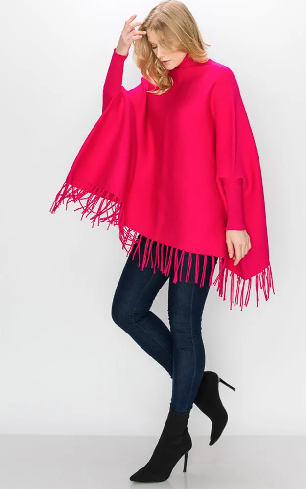 AV360 Solid Turtleneck Sleeve Poncho with Fringe