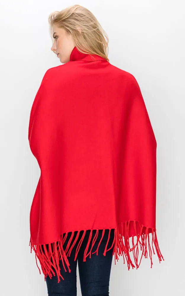 AV360 Solid Turtleneck Sleeve Poncho with Fringe