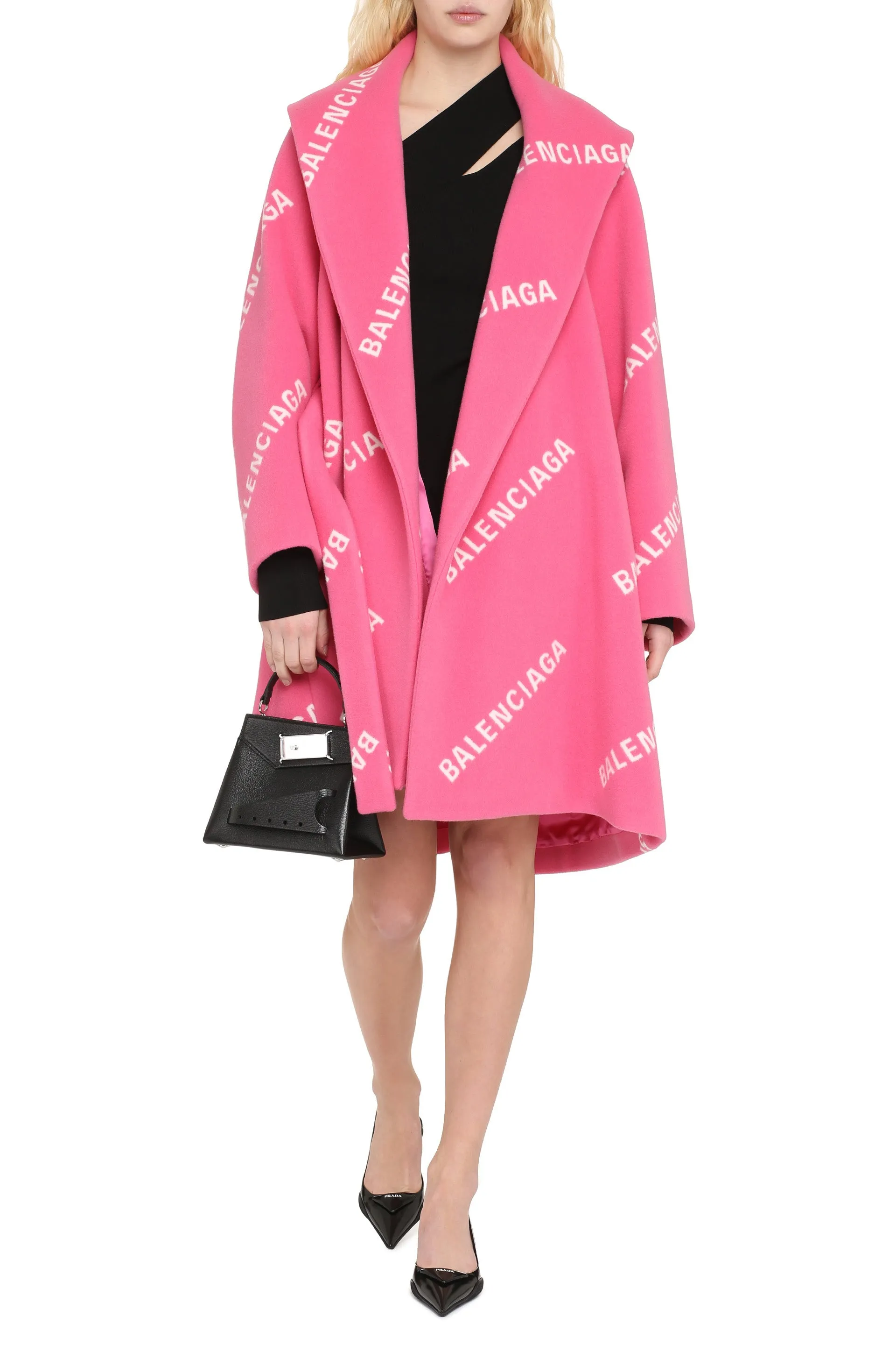 Balenciaga Allover Logo Belted Wrap Coat