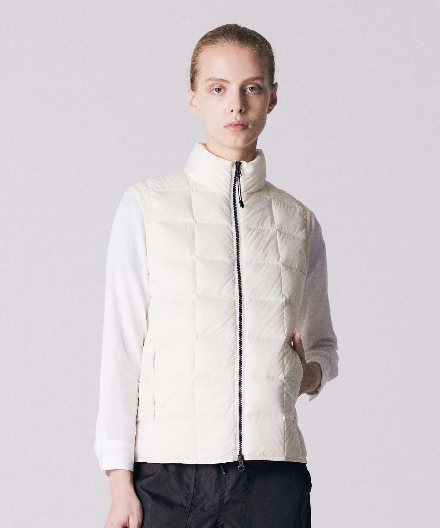 Basic High Neck W-Zip Inner Down Vest in Off White