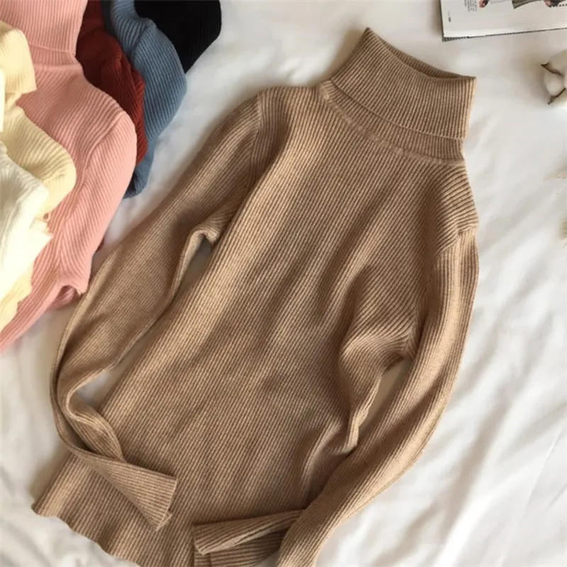 Basic Turtleneck Women Sweaters Autumn Winter Warm Pullover Slim Tops Ribbed Knitted Sweater Jumper Soft Pull Female