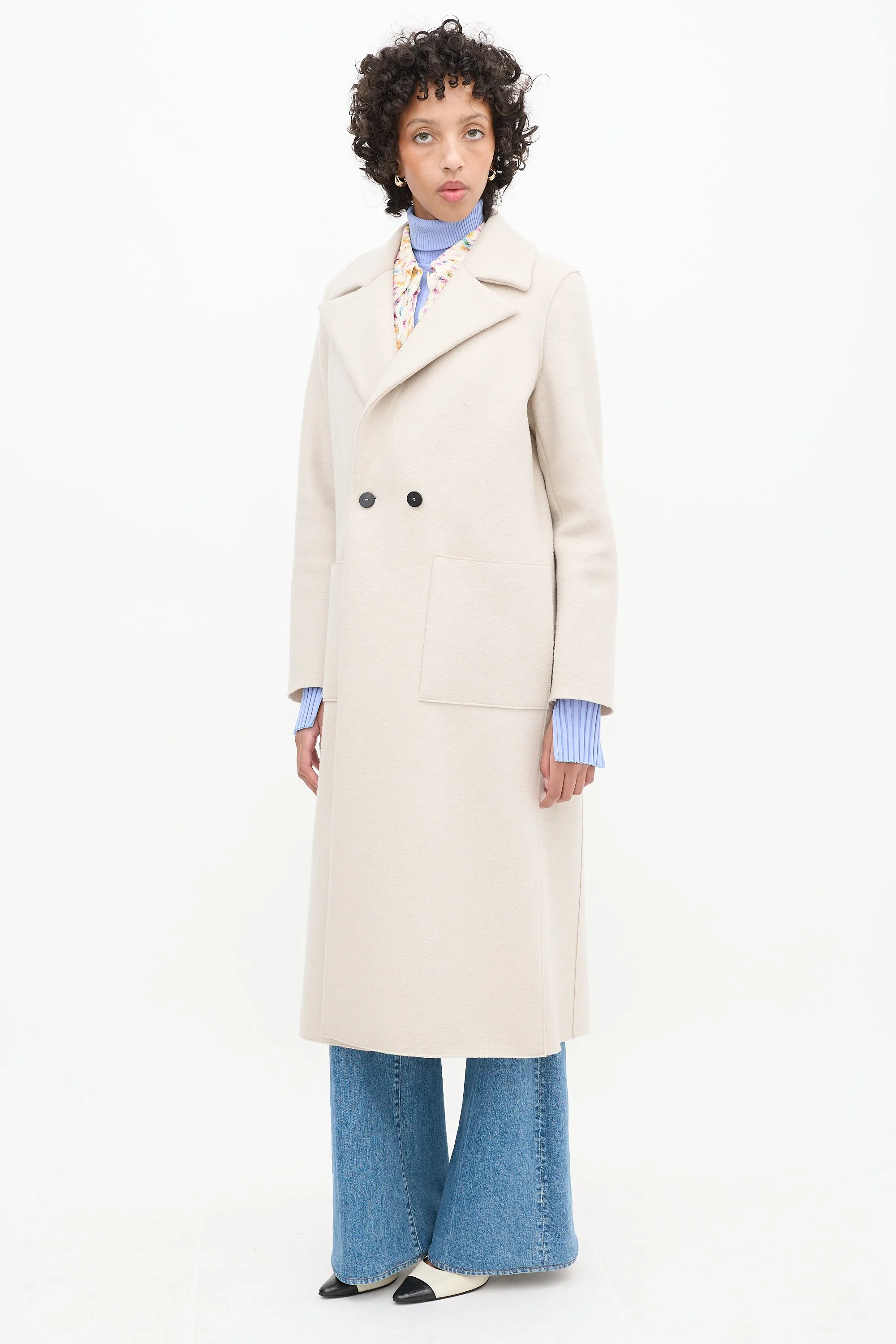 Beige Wool Two Pocket Long Coat