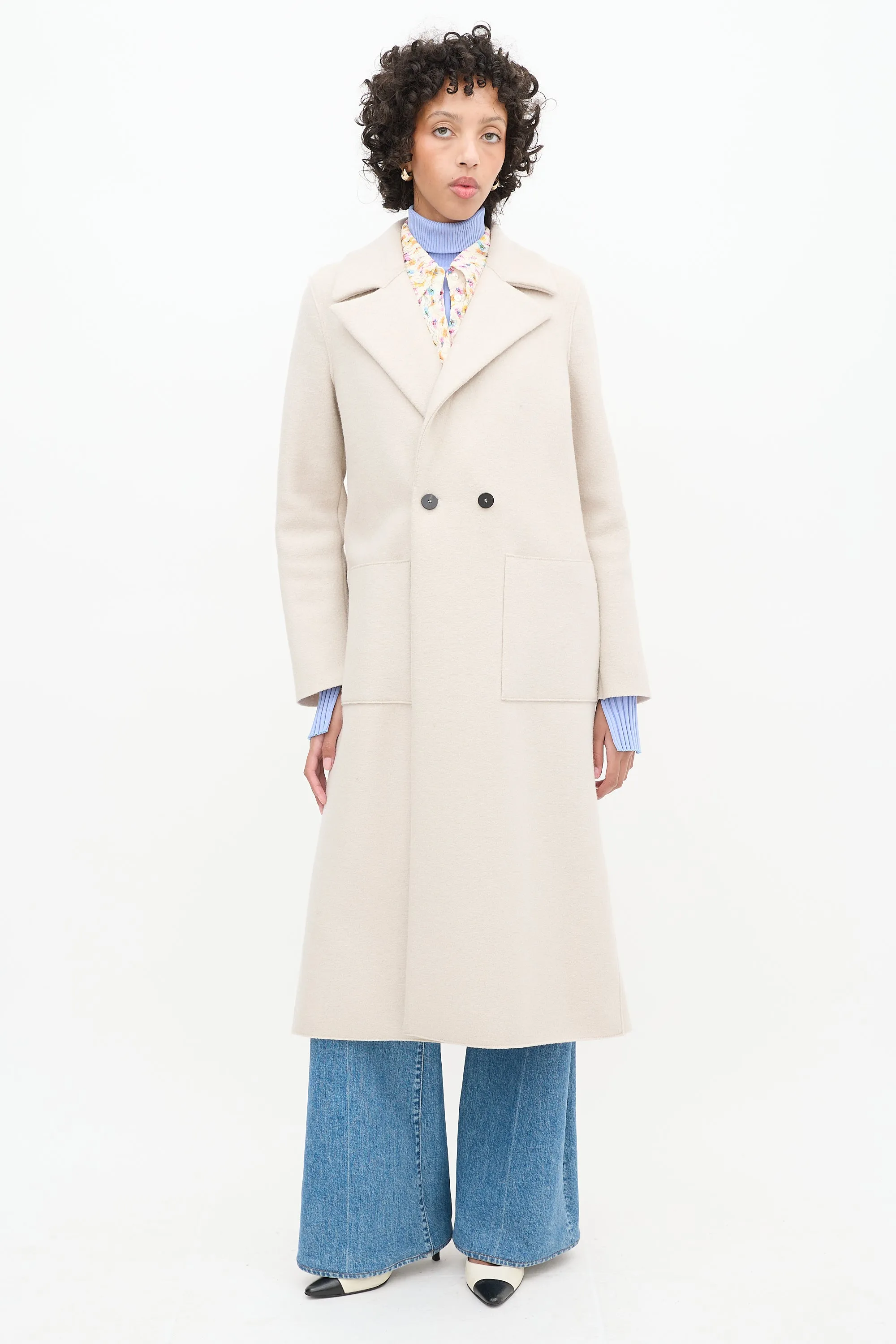 Beige Wool Two Pocket Long Coat