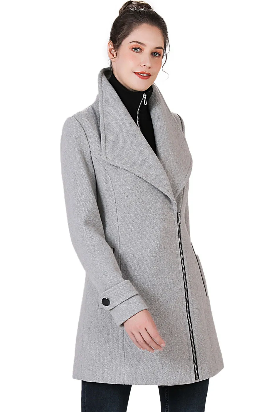 BGSD Women Noa Wool Asymmetric Zipper Coat with Removable Bib