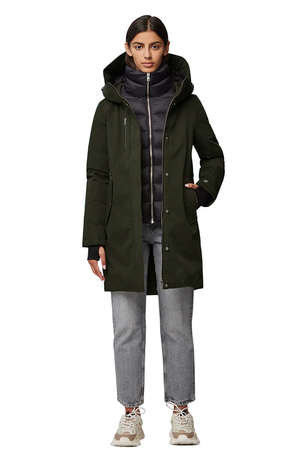 Bilena Khaki | Mid-Length Down Coat w/ Puffy Bib