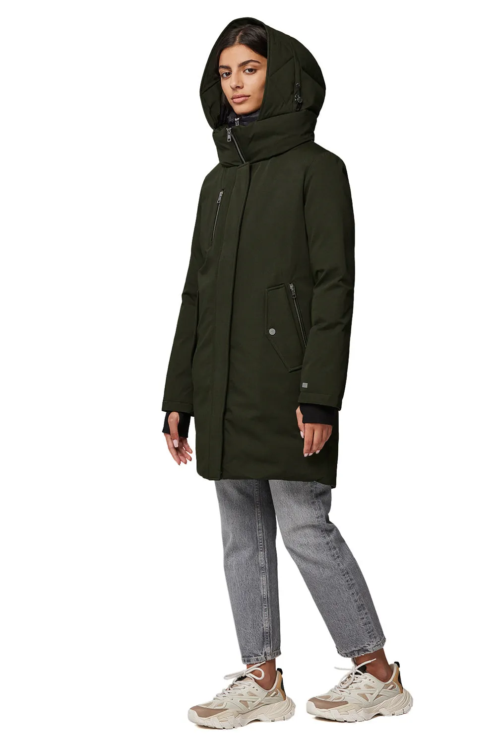 Bilena Khaki | Mid-Length Down Coat w/ Puffy Bib