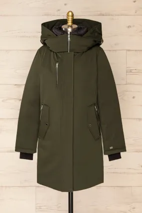 Bilena Khaki | Mid-Length Down Coat w/ Puffy Bib