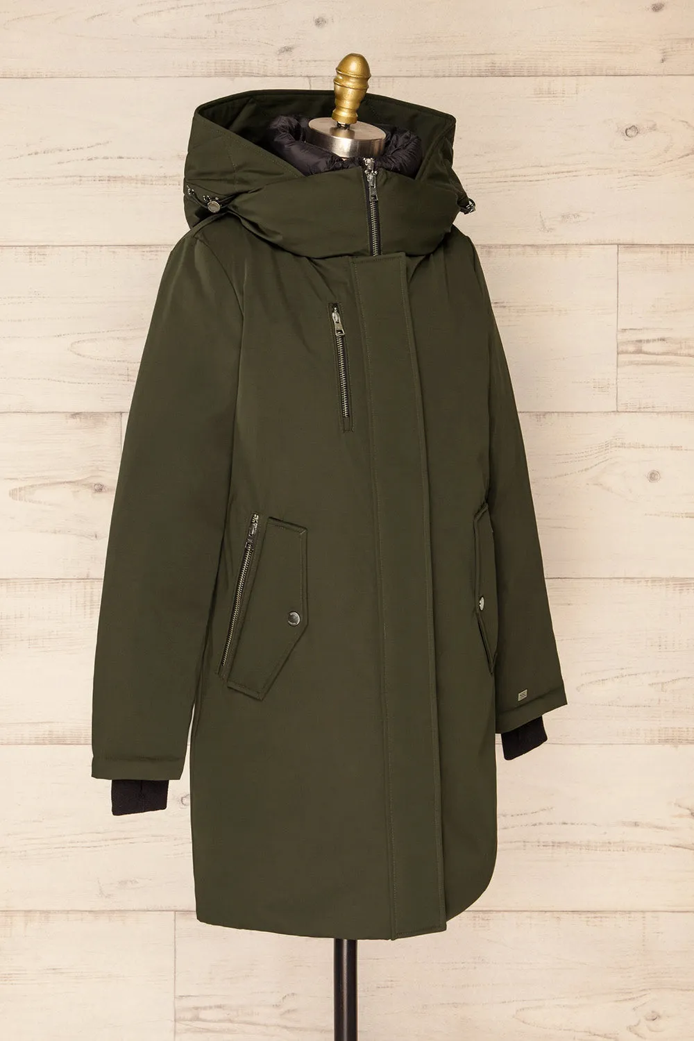 Bilena Khaki | Mid-Length Down Coat w/ Puffy Bib