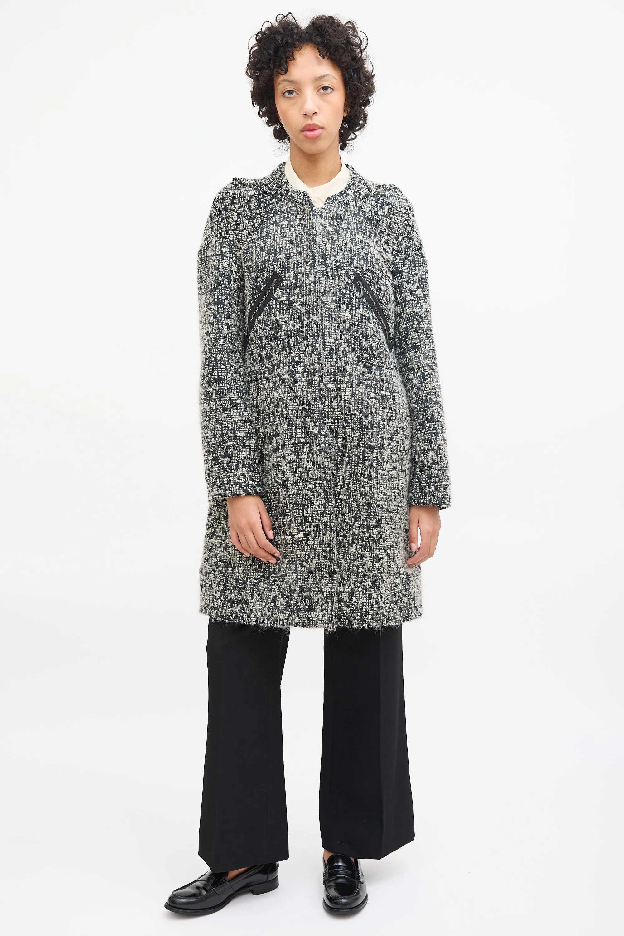 Black & White Wool Boucle Mid Length Coat