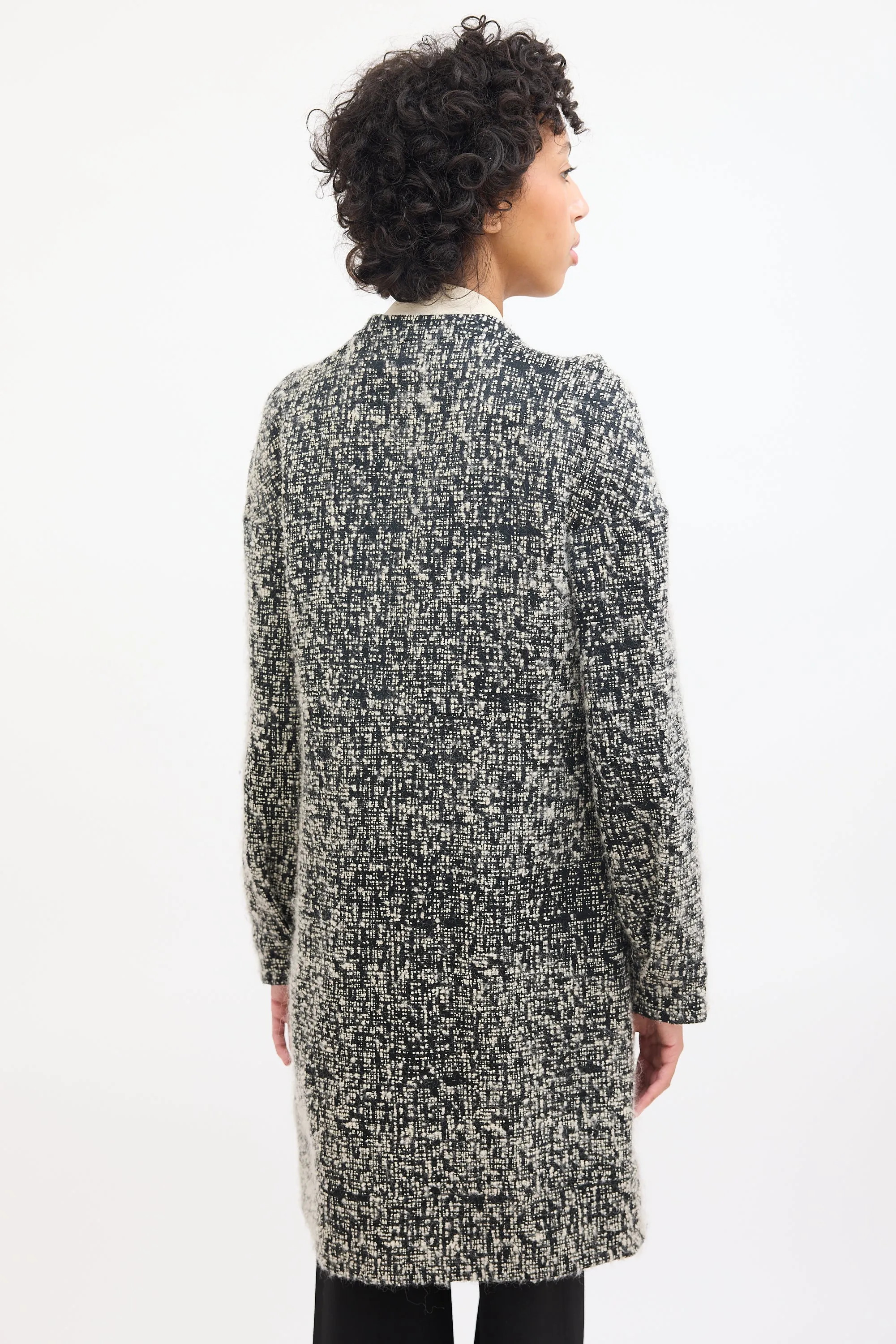 Black & White Wool Boucle Mid Length Coat