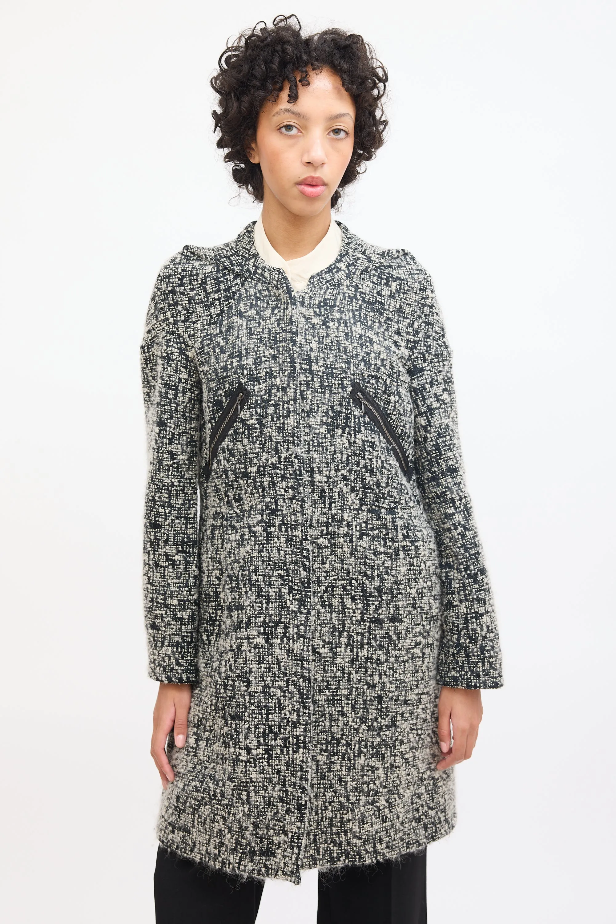 Black & White Wool Boucle Mid Length Coat