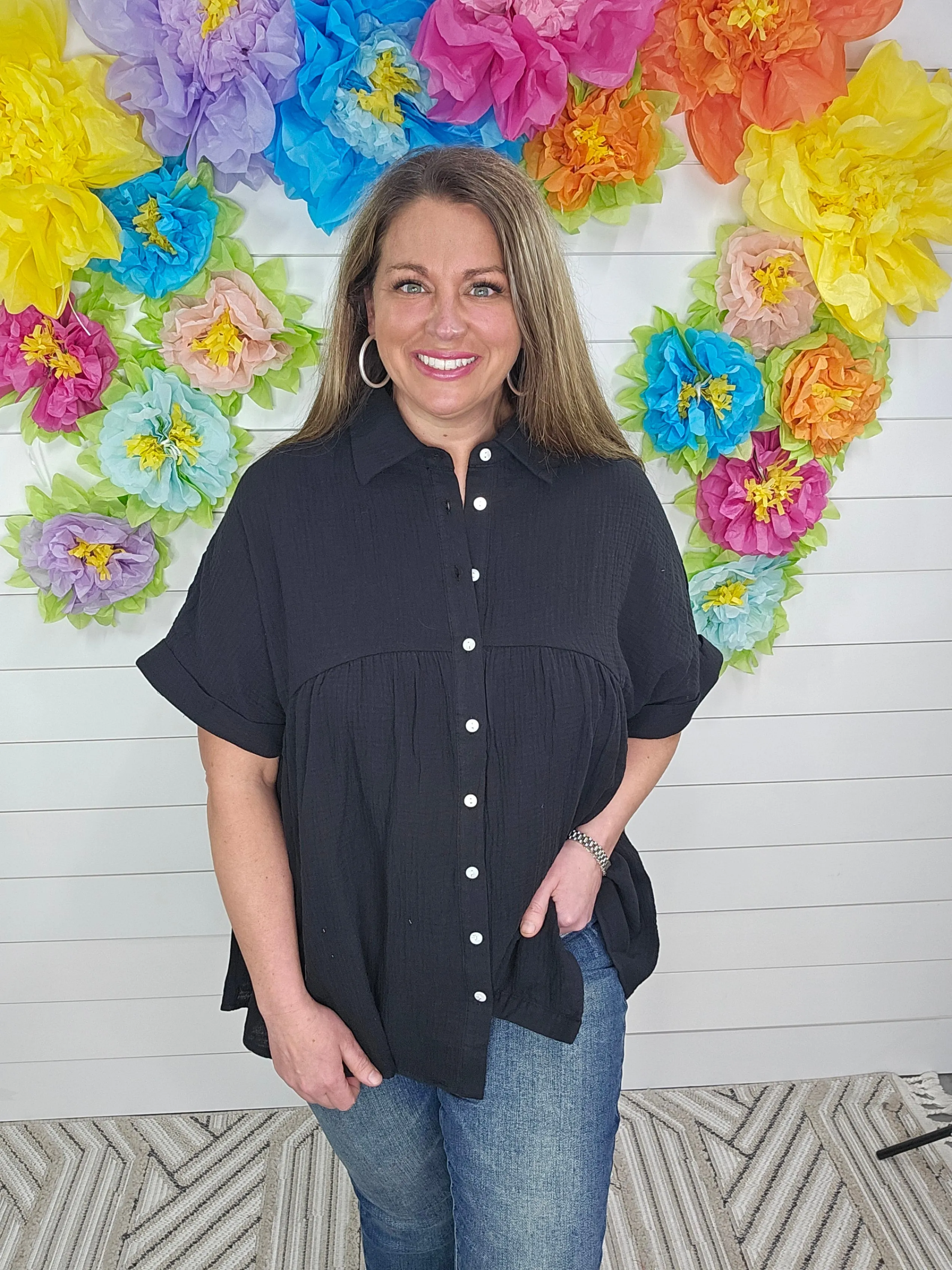 BLACK COTTON GAUZED BUTTON BABYDOLL TUNIC