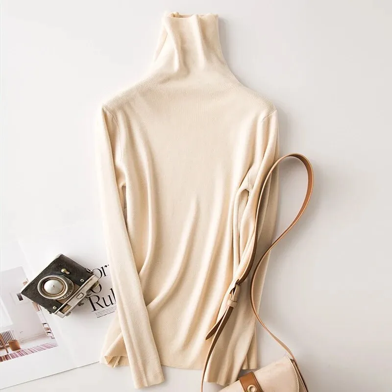 Black Pullovers For Women Turtleneck Long Sleeve Solid Minimalist Slim Knitwear Female Fashion Fall