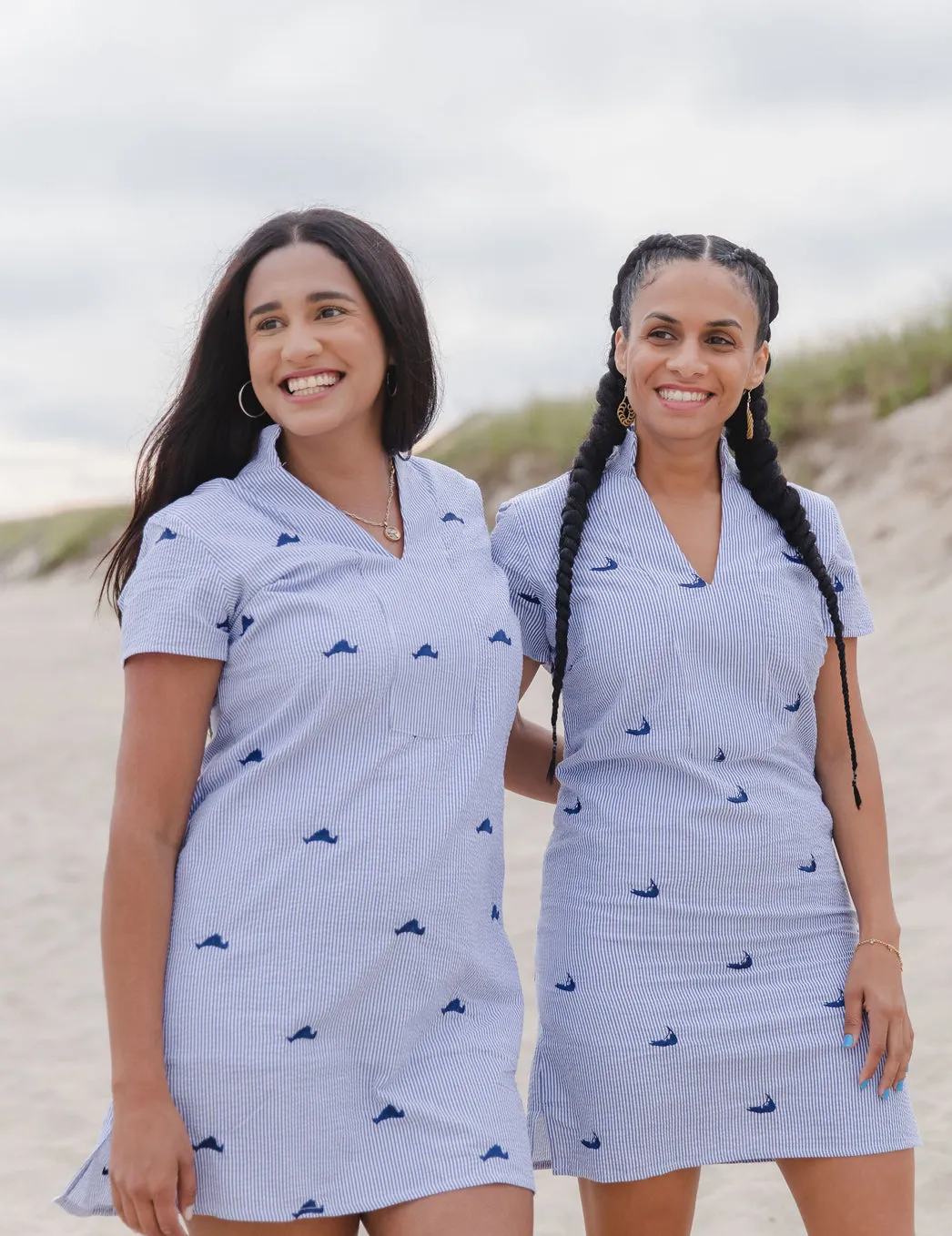 Blue Seersucker Tunic Dress with Navy Embroidered Martha's Vineyards