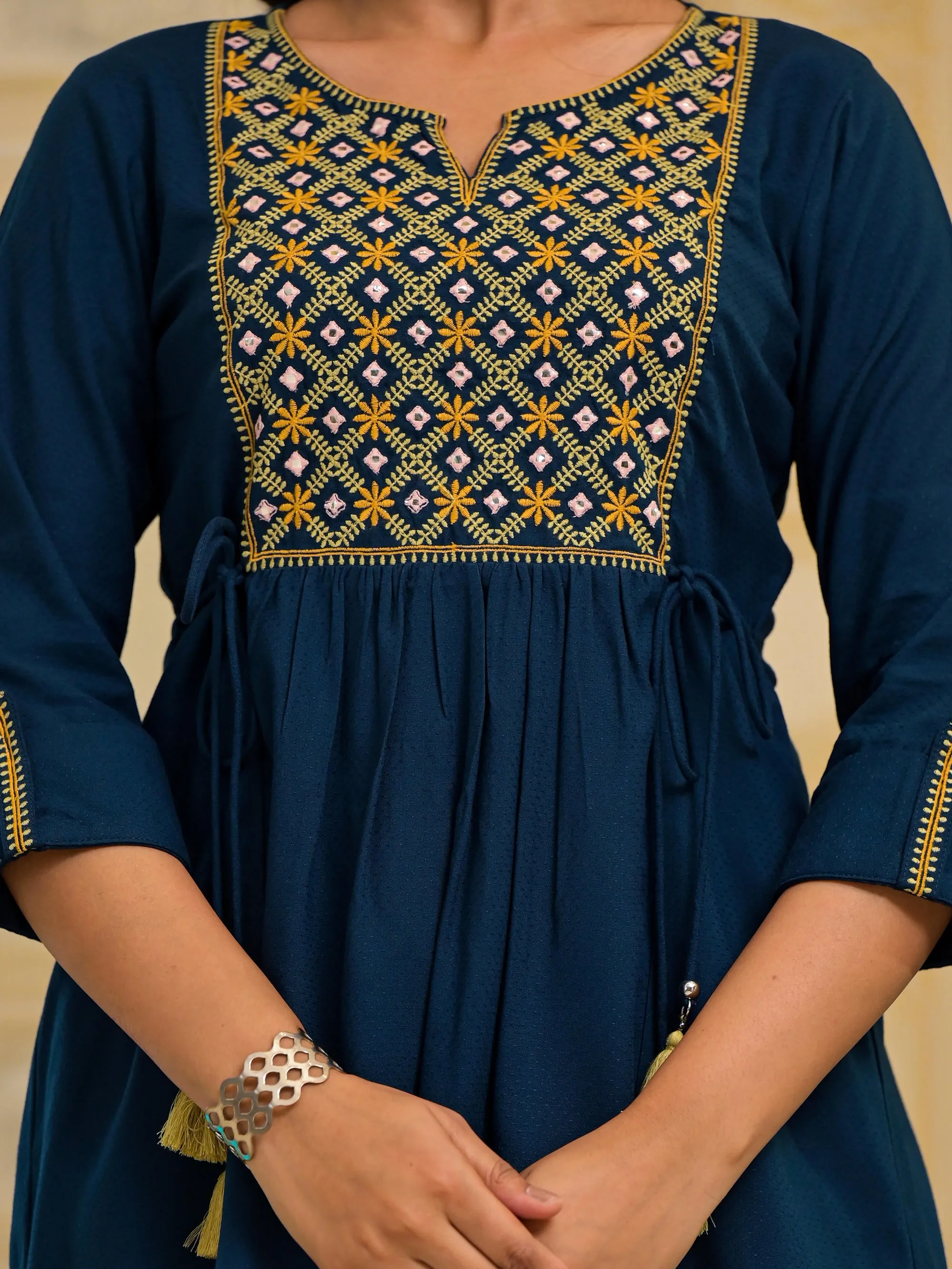 Blue Thread Embroidered Liva Rayon Tunic With Mirror Work & Tassels