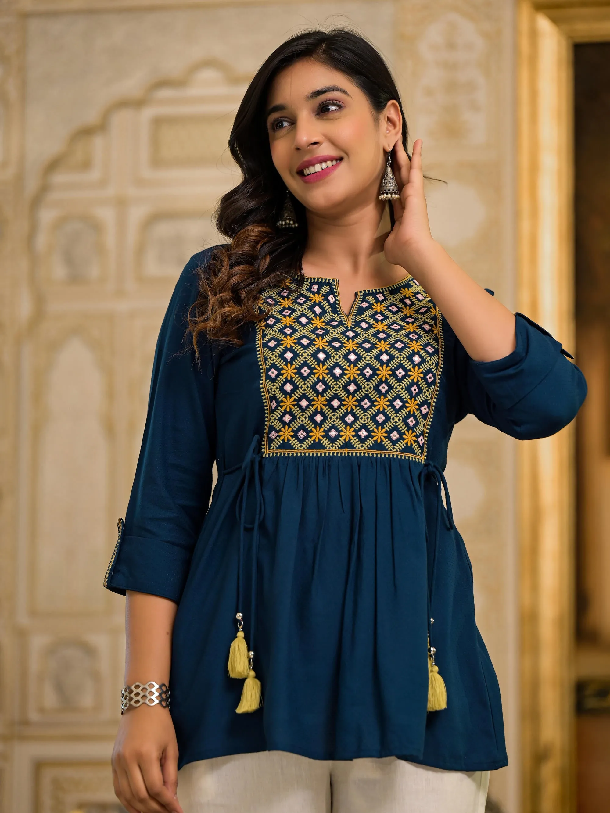 Blue Thread Embroidered Liva Rayon Tunic With Mirror Work & Tassels