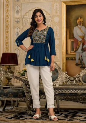 Blue Thread Embroidered Liva Rayon Tunic With Mirror Work & Tassels