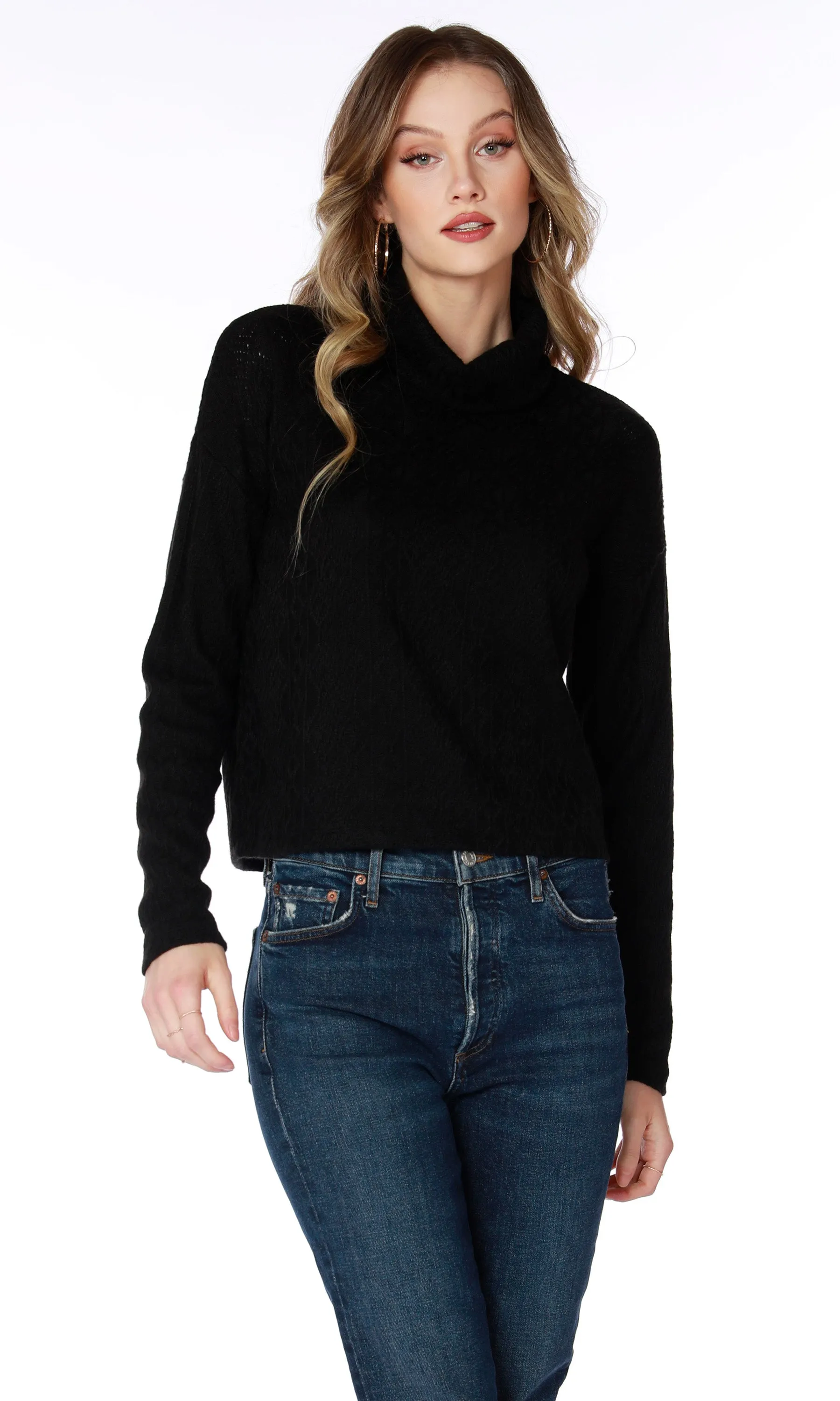 Boxy Crop Long Sleeve Turtleneck - Black