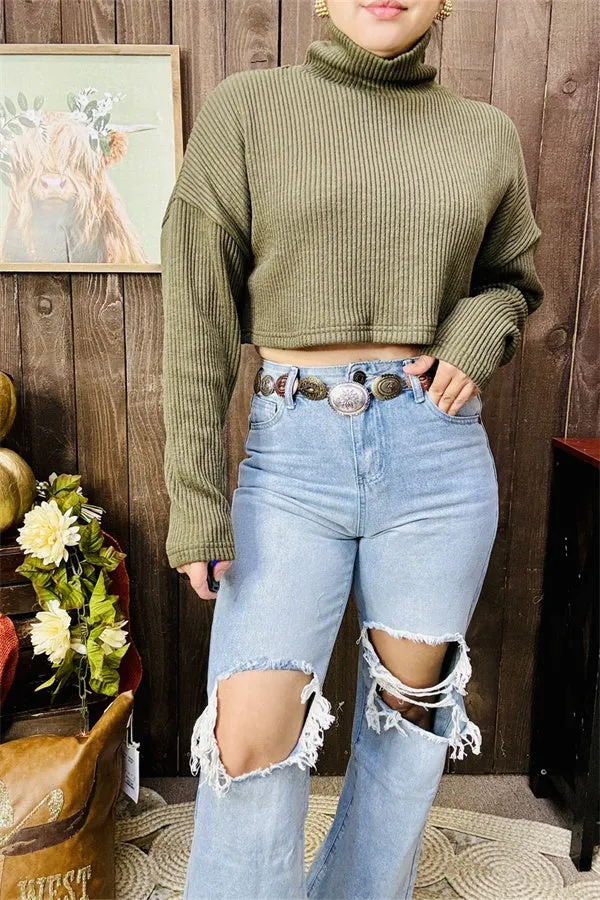 BQ15469 Olive green long sleeve turtleneck sweater short style for women