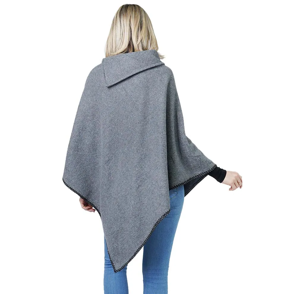 Button Deco Collar Poncho Ruana Wrap