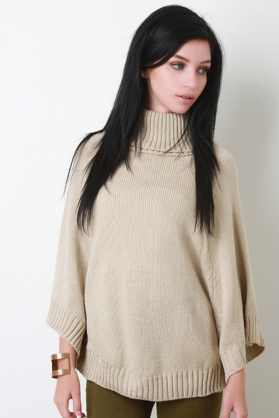 Button Ribbed Knit Turtleneck Poncho