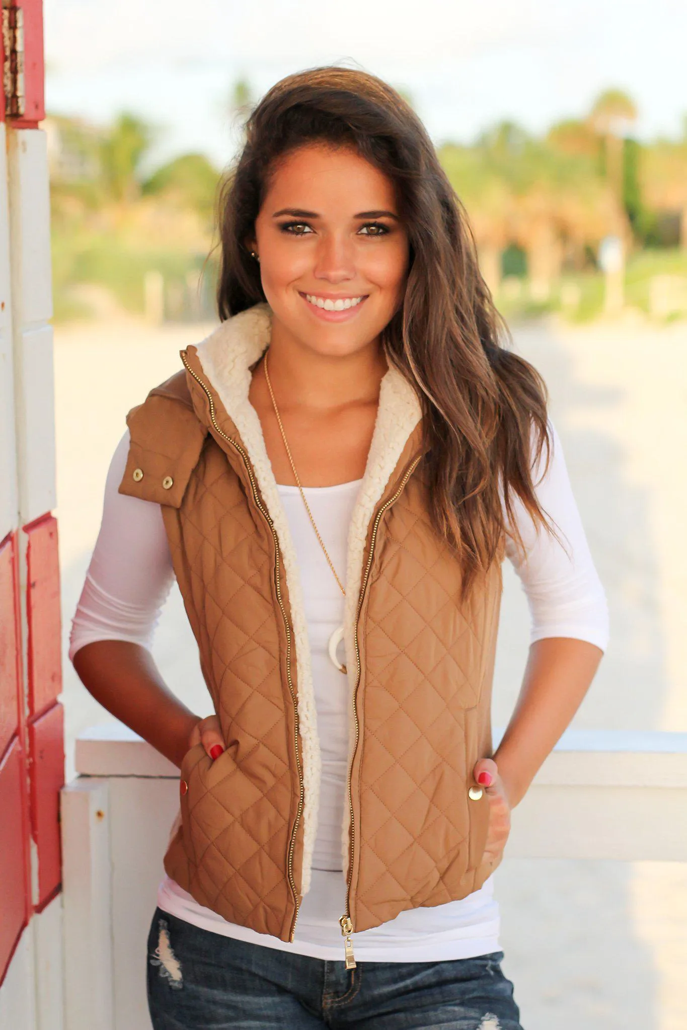 Camel Quilted Vest with Fur Collar