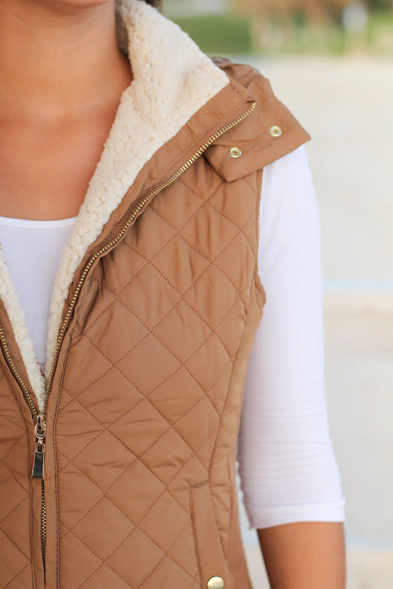 Camel Quilted Vest with Fur Collar