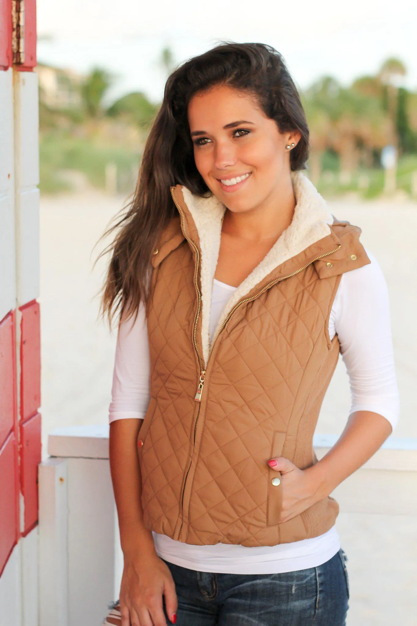 Camel Quilted Vest with Fur Collar