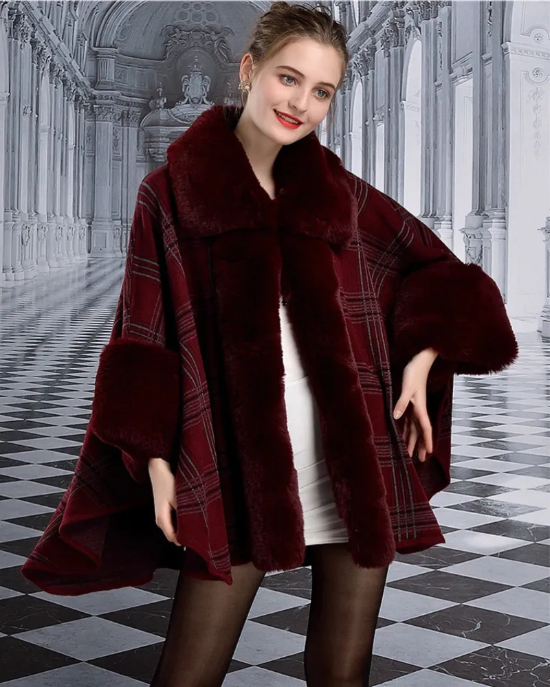 Cape Plaid Poncho Faux Rabbit Fur Knit Cardigan Cloak Coat