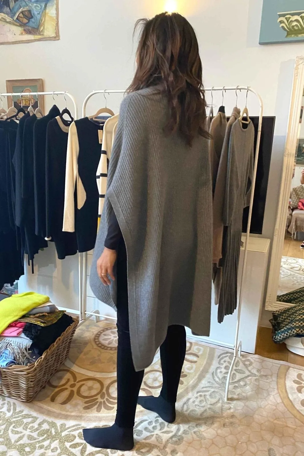 Cashmere Chunky Sweater Poncho with roll neck in Mid grey