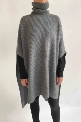 Cashmere Chunky Sweater Poncho with roll neck in Mid grey