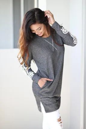 Charcoal Tunic With Crochet Sleeves