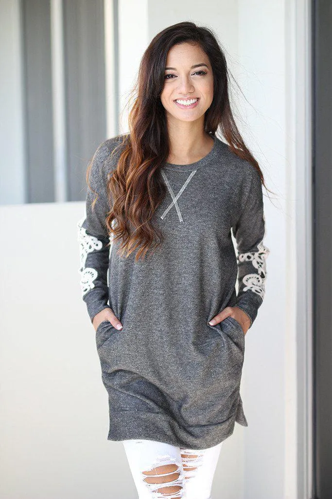 Charcoal Tunic With Crochet Sleeves